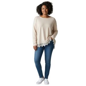 Lane Bryant Cream Long Sleeve Pullover Lightweight Sweater with Lace Trim 18/20